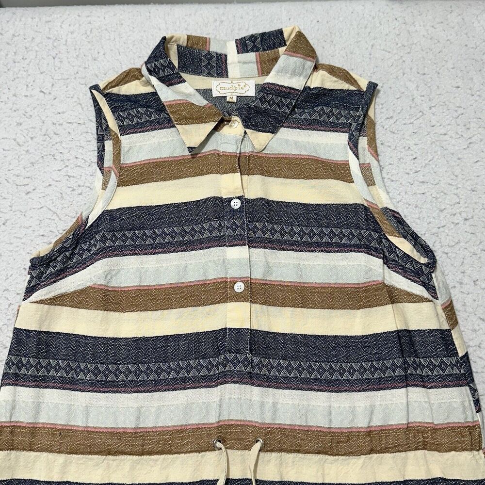 Mud Pie Women’s Medium A-Line Dress Cotton Textured Striped Collared Sleeveless - Picture 2 of 12